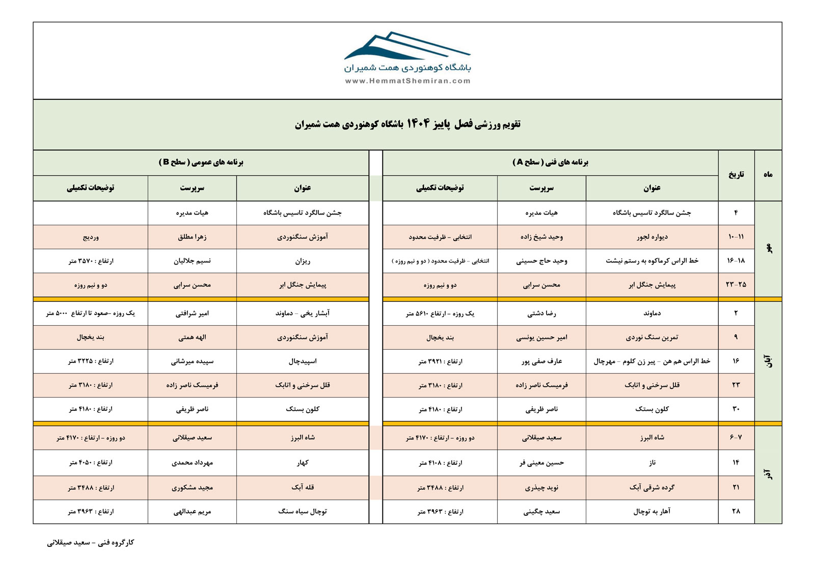 تقویم ورزشی پاییز ۱۴۰۴
باشگاه کوهنوردی همت شمیران