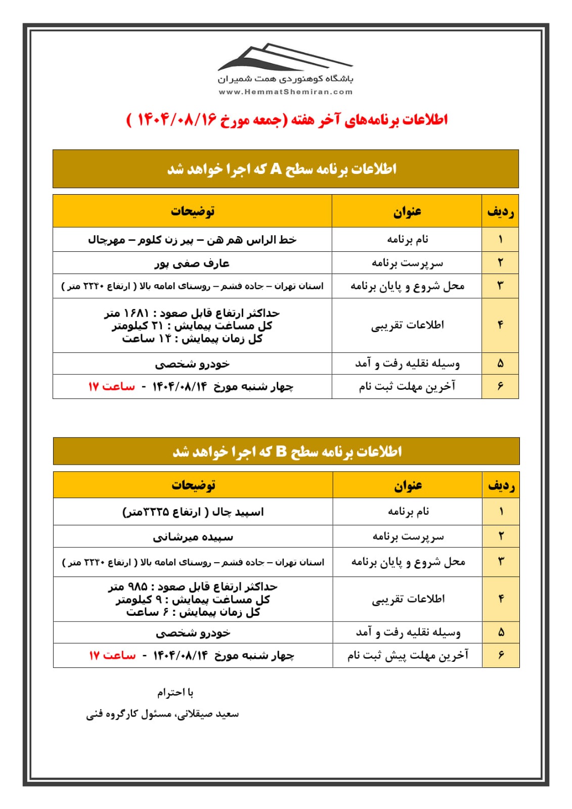 ثبتنام برنامههای خطالراس همهن، پیرزنکلوم و مهرچال و قلۀ اسپیدچال ۱۶ آبان ۱۴۰۴